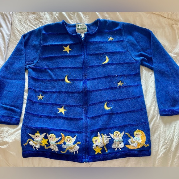 Quacker Factory Zip Up Cardigan Jumper Angel Moon Star Pearl Sequin EUC Sz L - Picture 4 of 13